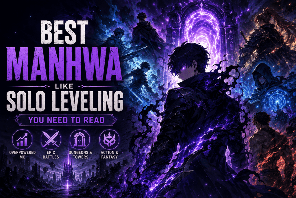 Best manhwa like Solo Leveling featuring overpowered protagonists, fantasy worlds, dungeon adventures, and action-packed stories.