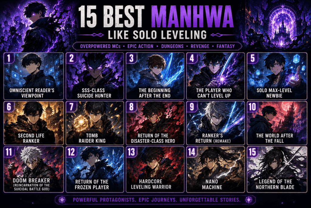 Infographic showing the 15 best manhwa similar to Solo Leveling, including Omniscient Reader's Viewpoint, Nano Machine, Doom Breaker, and more.