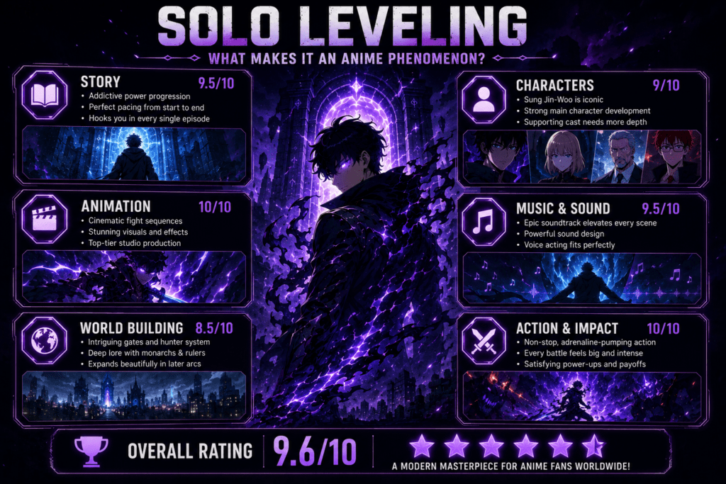 Solo Leveling Review (2026): Why It Became a Global Anime Phenomenon 3 Infographic highlighting the strengths of Solo Leveling including animation, story, and action.