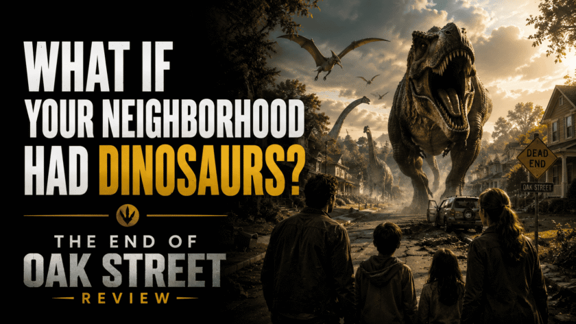 The End of Oak Street movie with suburban neighborhood and dinosaurs