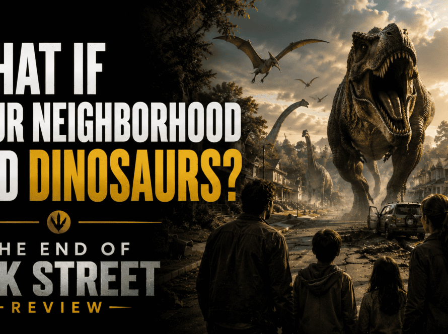 The End of Oak Street movie with suburban neighborhood and dinosaurs